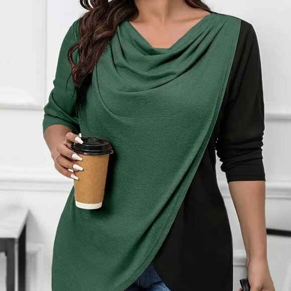 Women's Plus Size Vibrant Colorblock Soft Ruched Cowl Neck Blouse Fall Top 20W - Picture 1 of 6